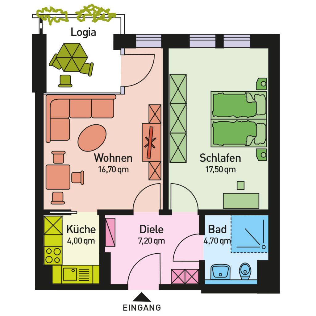 Wohnung 2, Fläche 44,00 qm, Wohnraum, Schlafraum, Logia, seperate Einbauküche und Badezimmer