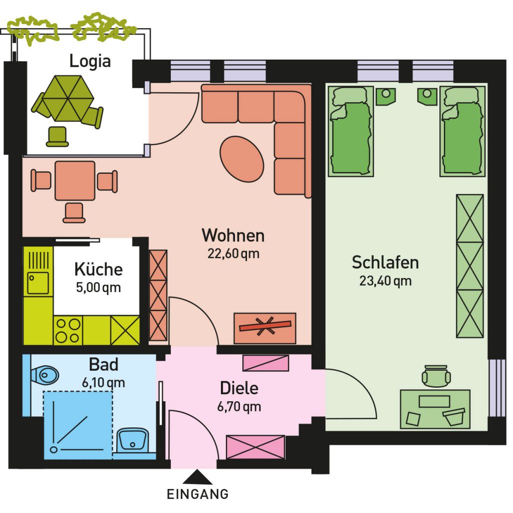 Wohnung 3, Fläche 65,80 qm, Wohnraum, Schlafraum, Logia, seperate Einbauküche und Badezimmer